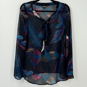 Y2k 2010s Express Feather Tie-Neck top Womens sz XS Sheer Dark Fairy maximalist